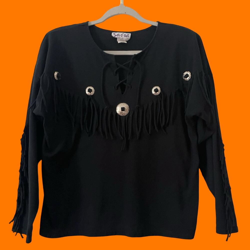 80's 90's vintage black fringe lace up southwestern tribal top blouse MEDIUM